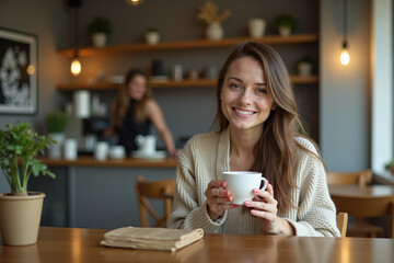 Woman appearing satisfied while sipping coffee in a minimalist cafe