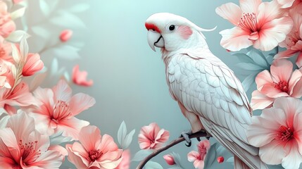 Elegant white cockatoo perched on a branch amidst delicate pink blossoms.