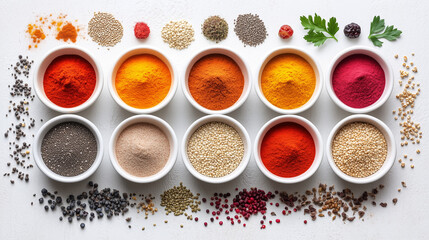 Bowls of colorful spices and herbs showcase vibrant textures