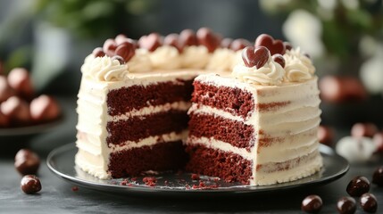 Delicious layered chocolate cake with creamy white frosting and chocolate chips, slice cut revealing moist texture, perfect for birthday celebrations, dessert menus, cozy kitchen background, warm inv