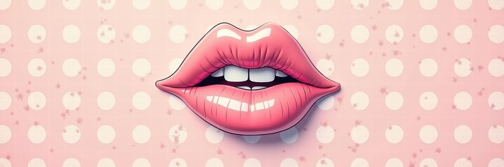 Obraz premium Vibrant, stylized illustration of full lips on a polka-dotted pink background, perfect for beauty, cosmetic, or fashion-related projects.