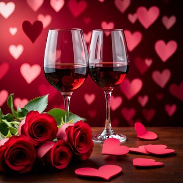 Dos copas de vino tinto, rosas rojas y corazones el escenario perfecto para una noche rom&aacute;ntica.
