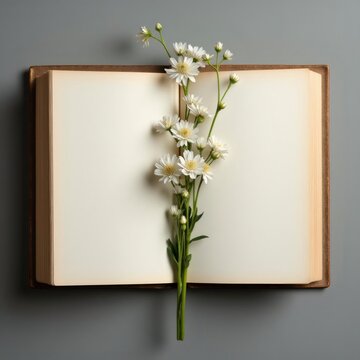 La belleza de la simplicidad un libro en blanco y flores blancas en armon&iacute;a.
