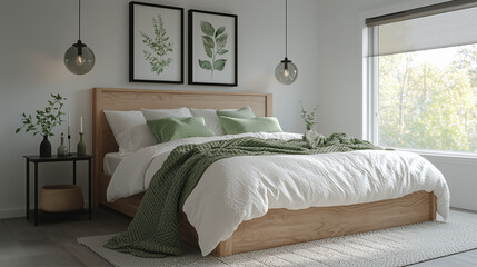 A serene bedroom featuring soft tones and natural elements for comfort.