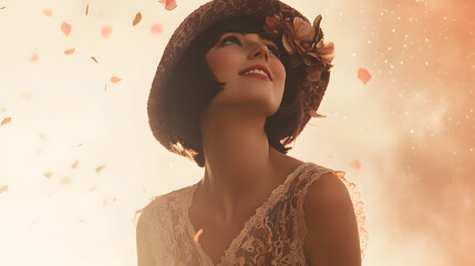 A Joyful Vintage Woman Embracing the Roaring Twenties with Playful Elegance and Ethereal Charm