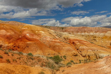 Altai Mars number one (multicolored mountains). Kyzyl Chin valley, also called as Mars valley. Chagan Uzun village, Altai republic, Russia. 