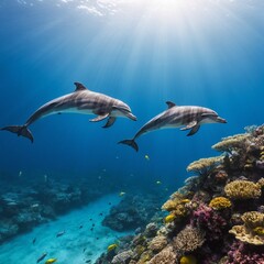 Fototapeta premium Two playful dolphins swimming gracefully around a vibrant coral reef underwater