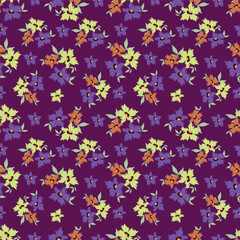 Seamless floral pattern, liberty ditsy print of mini pretty bouquets. Cute botanical design: small hand drawn flowers, tiny leaves in an abstract composition on a light background