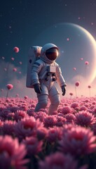 Obraz premium A surreal scene of an astronaut walking through a vibrant field of flowers under a cosmic sky, symbolizing exploration, nature, and the beauty of the universe.
