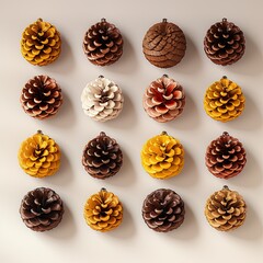 Obraz premium Flat composition of Christmas decorations on light background. Decorative cones, red and gold spruce toys, artificial spruce branches and candies create a festive mood. Perfect for Christmas, Winter a