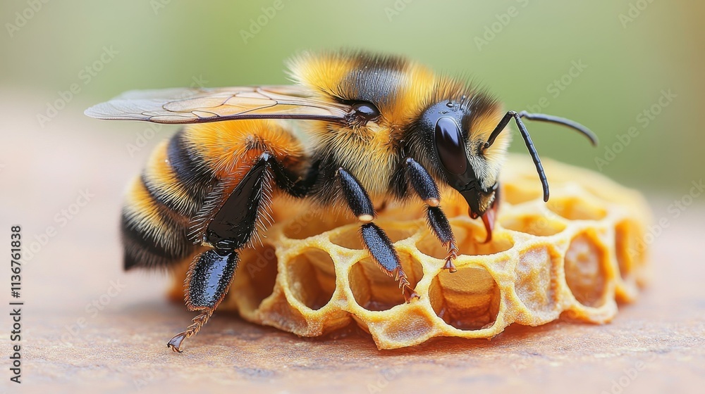 Poster close-up of honeybee collecting nectar on hexagonal honeycomb, natural pollination process for agric