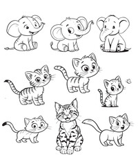 A collection of cute cartoon animals, including elephants and cats, in black and white, line art style.