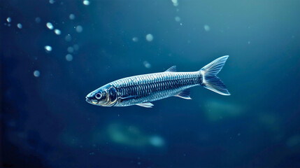 Naklejka premium A herring floating peacefully in cold, dark ocean waters, its silvery-blue scales glinting faintly in the dim light. 