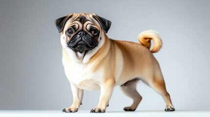 Obraz premium Adorable Pug Dog with Big Eyes and Wrinkled Face on Grey Background