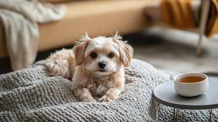 Fluffy small dog lying on textured blanket beside coffee table