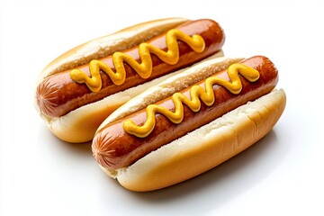 Sabrosos hot dogs clásicos con salchichas a la parrilla y mostaza en un fondo blanco