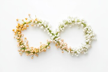 White lily of the valley flowers forming an infinity symbol on a белом background