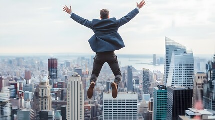 Businessman in Suit Leaping off Building Rooftop with Arms Outstretched Above Cityscape, Embracing Freedom and Success in Urban Landscape