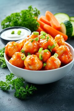 Deliciosos muslos de pollo picantes ba&ntilde;ados en salsa, acompa&ntilde;ados de verduras frescas y dips