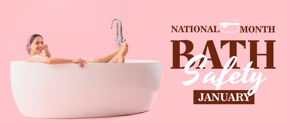 Young woman taking bath on pink background