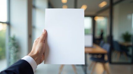 left hand holding a sheet of A4 paper under text on the background of a coffee shop