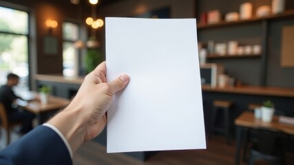left hand holding a sheet of A4 paper under text on the background of a coffee shop