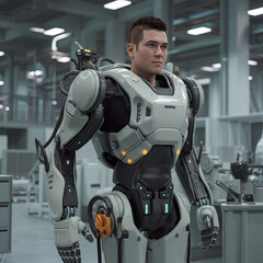 Advanced Robotic Exoskeleton Suit Worn by Human in Modern Robotics Facility
