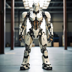 Advanced Humanoid Robot Standing in a High-Tech Industrial Facility