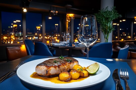 Delicioso filete de caballa a la parrilla con verduras asadas y lima en un elegante restaurante nocturno