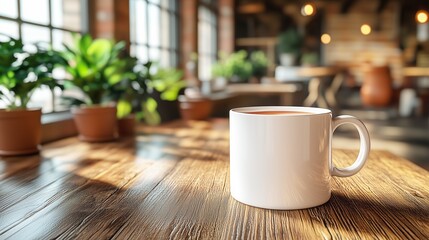 Fototapeta premium White mug , mockup , plants and with blurred background. Great for overlaying designs for selling mugs.