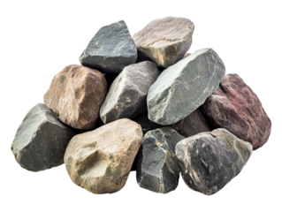 A pile of stones, isolated on a transparent background, accentuating the details and texture of each stone, perfect for nature, landscaping, or environmental-themed designs.