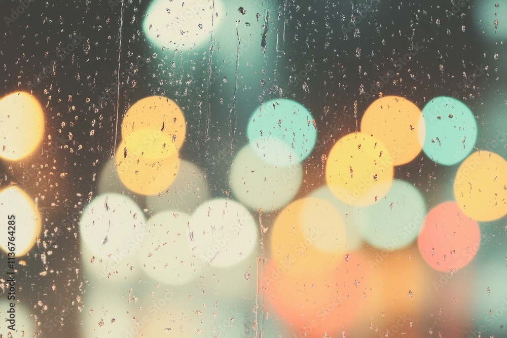 Poster glass bokeh effect with raindrops creating a dreamy background of blurred lights at night