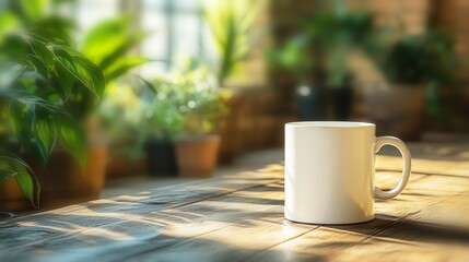 White mug , mockup , plants and with blurred background. Great for overlaying designs for selling mugs.