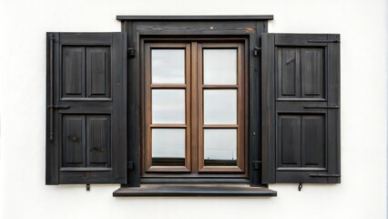 Vintage black open wooden window on white rustic wall.