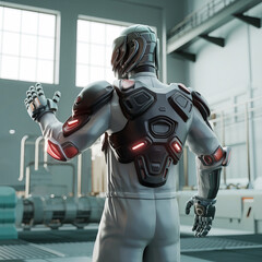 Stylized Robotic Exoskeleton with Futuristic Design and LED Lights in Factory