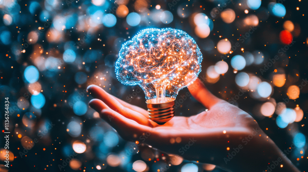 Poster creative light bulb with glowing brain inside held against a blurred sparkling background at twiligh