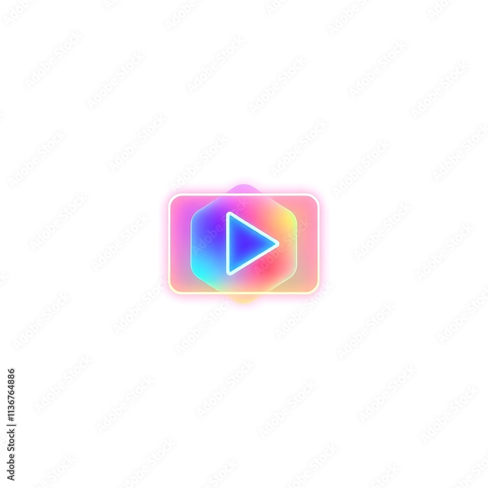 Poster neon play button: a vibrant, holographic play button icon with a neon glow, perfect for adding a mod