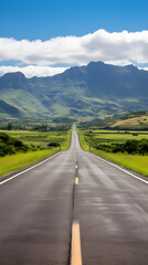 Naklejka premium Open Road Adventure: An Inviting Asphalt Road to The Horizon Between Mountains and Blue Sky