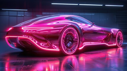 Obraz premium A futuristic car illuminated with neon lights, showcasing sleek design and modern aesthetics.