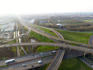 Aerial view of a cloverleaf interchange highway, The Haque, The Netherlands