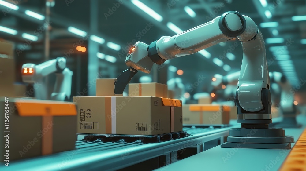 Poster robotic arm handling boxes in warehouse automation