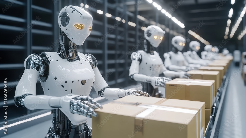 Poster robotic workers efficiently sorting packages in a futuristic warehouse