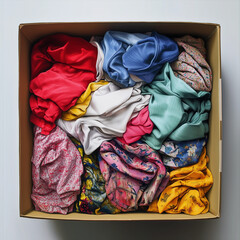 Colorful fabric pieces arranged in a cardboard box.