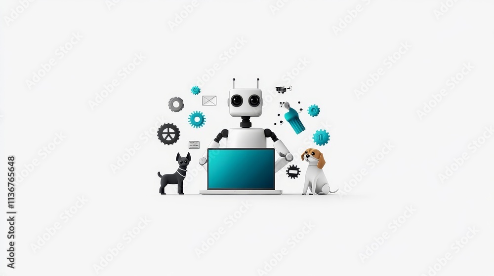 Poster a robot is sitting in front of a laptop computer with a dog