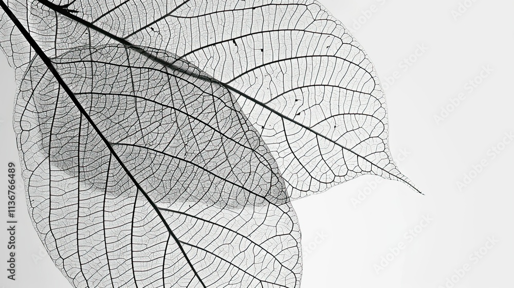Poster delicate skeletal leaves with intricate vein patterns against a light background.