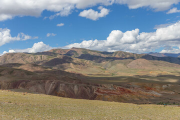 Fototapeta premium Altai Mars number one (multicolored mountains). Kyzyl Chin valley, also called as Mars valley. Chagan Uzun village, Altai republic, Russia. 