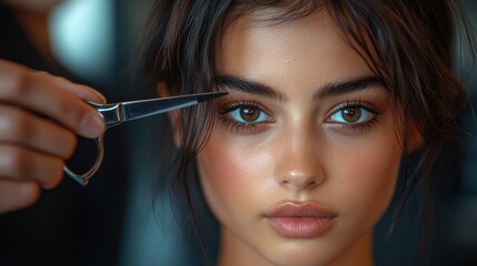 Obraz premium A close-up of a young woman having her eyebrows shaped with scissors.