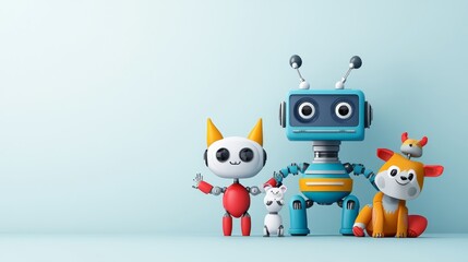 A robot and two animals are standing in front of a blue wall