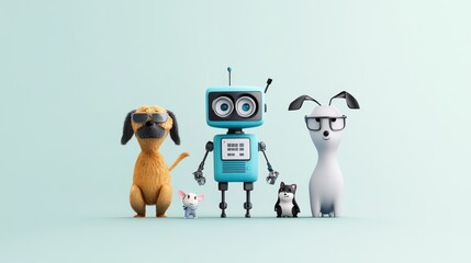 A cartoon robot is standing between two dogs and a cat
