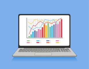 Laptop with charts and graph on screen on blue background. Analysis business accounting concept. Vector illustration design